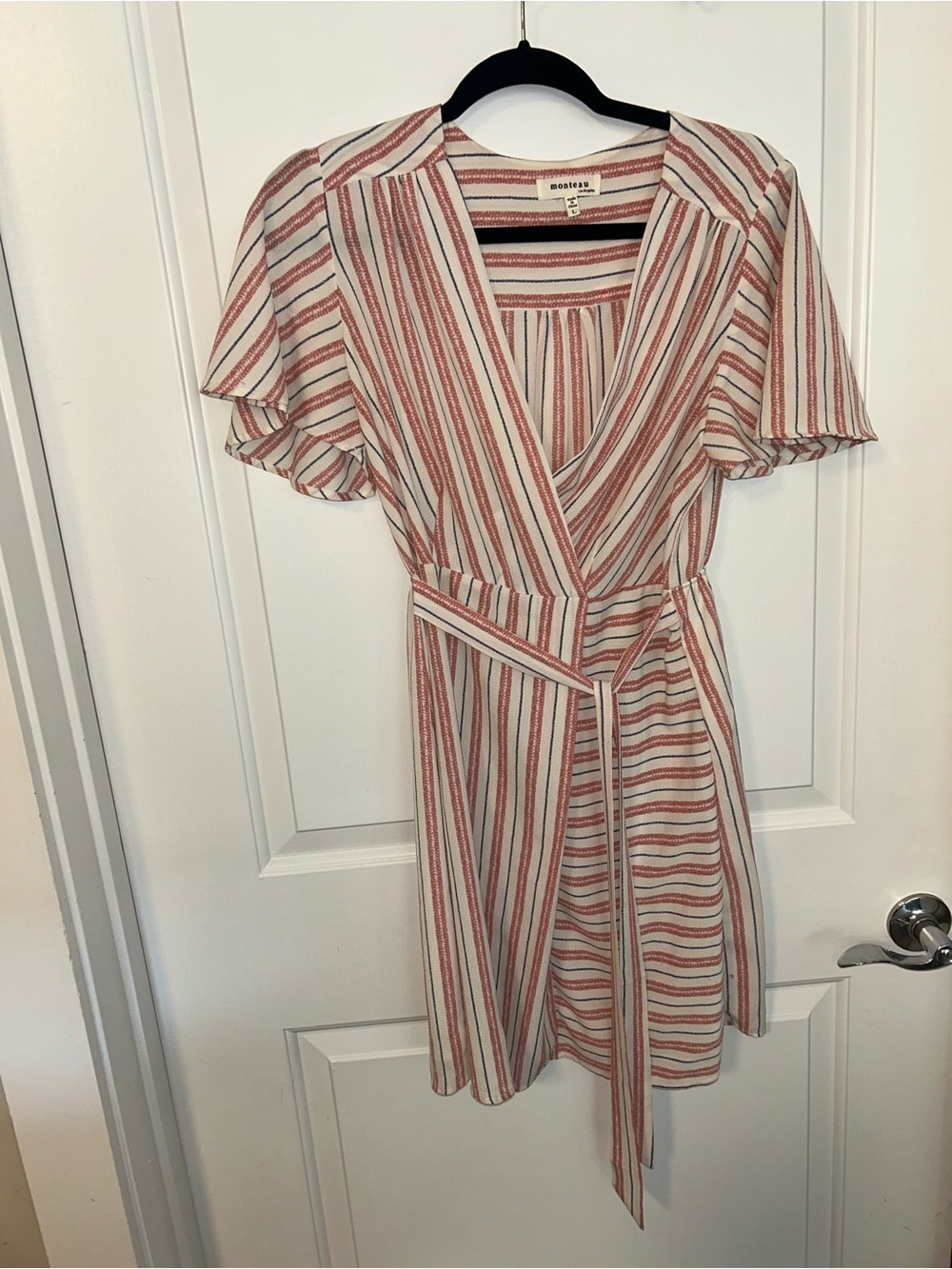 Monteau Striped Wrap Dress in Coral and Cream